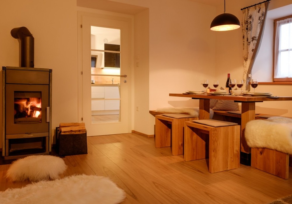 living room with wood stove